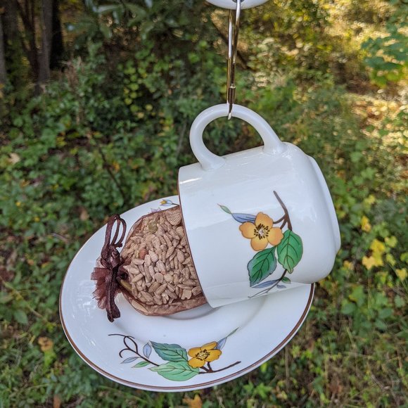 Handmade Teacup Bird Feeder with premium birdseed